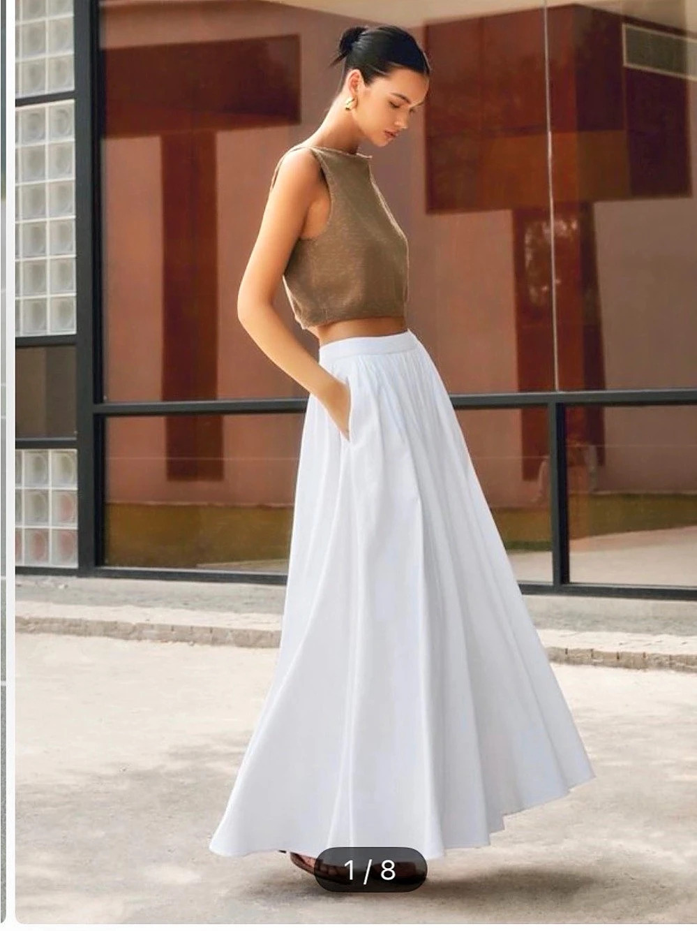 COMMENSE Cotton Pleated Maxi Skirt White Medium